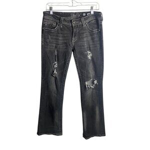 Miss Me Jeans Size 31 Bootcut Grey Denim Distressed Angel Wing Cross Y2K Western